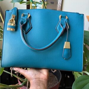 Charming Charlie Dark Teal Leather Satchel Handbag with Gold Hardware